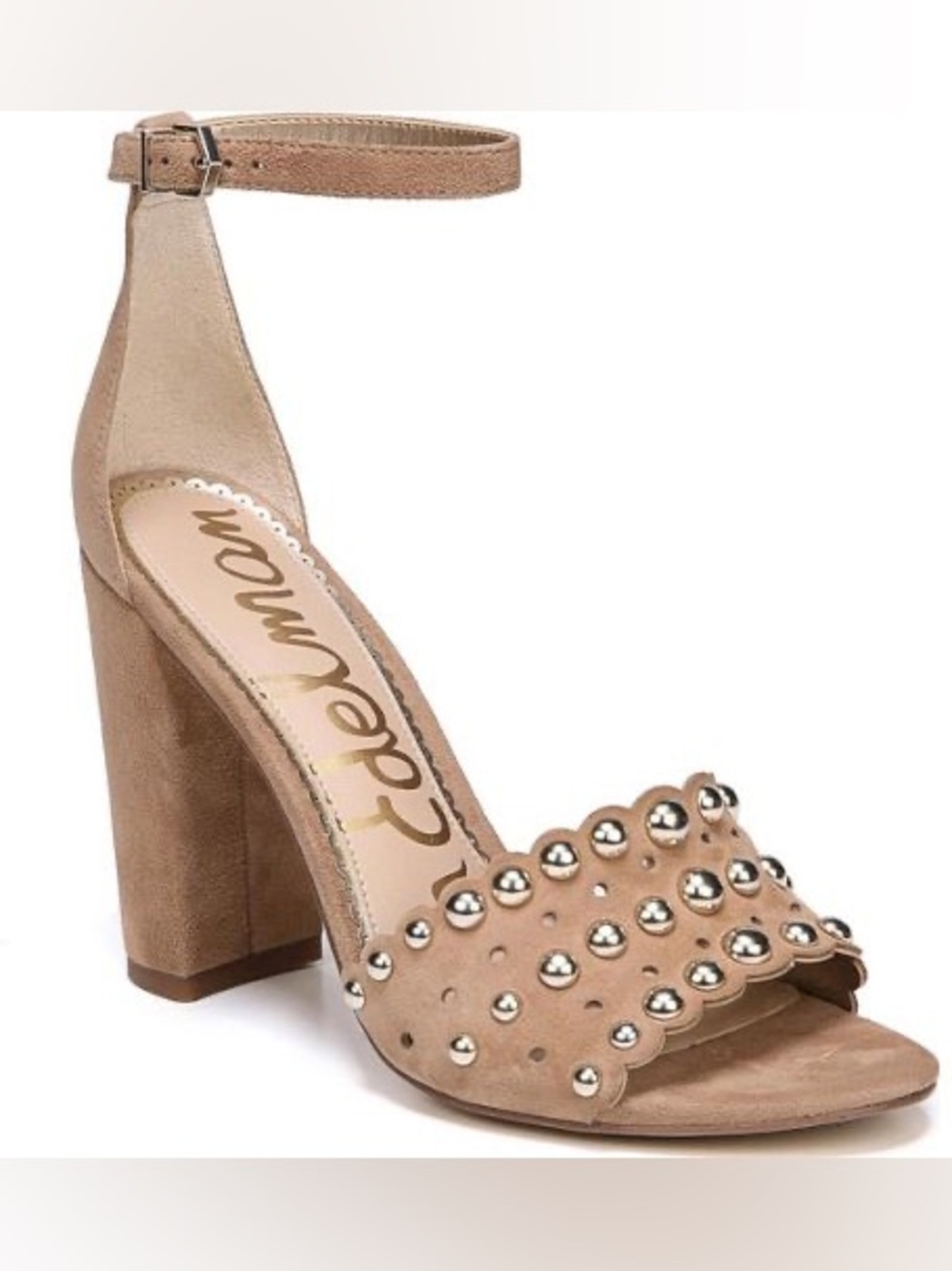 Sam Edelman Beige Suede Studded Scalloped Block Heel Sandal